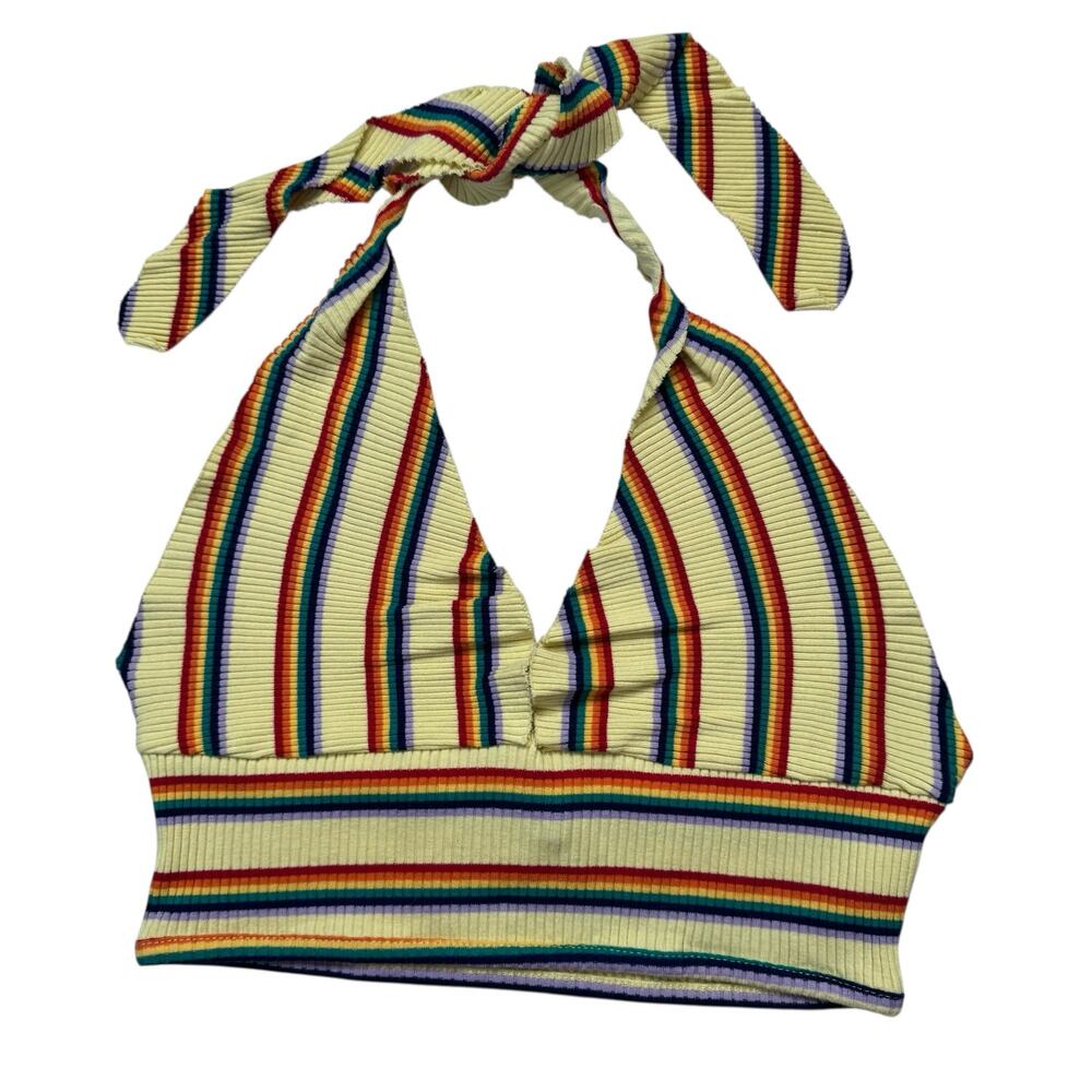 Rainbow Stripe Yellow Knit Halter Top Size XS 2 Womens Ties Adjustable Festival